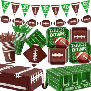 178pcs football party supplies includes dinner plates, dessert plates, napkins, cups,banner and touchdown tablecloth for football birthday party football gameday tailgate party decorations serve 25