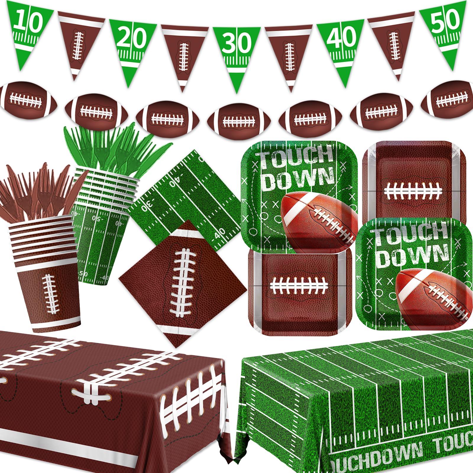 178Pcs Football Party Supplies Includes Dinner Plates, Dessert Plates, Napkins, Cups,Banner and Touchdown Tablecloth for Football Birthday Party Football Gameday Tailgate Party Decorations Serve 25