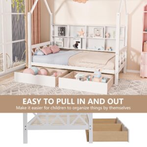 HUMEHA Full House Bed with Roof and 2 Storage Drawers for Kids, Wooden Full Size Bed Frame with Storage Shelves Guardrails and Wood Slats for Boys Girls,No Box Spring Required, White