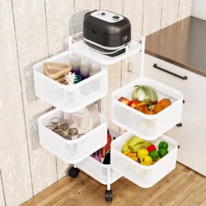 loyliawa fruit basket for kitchen, rotating storage rack for kitchen, 4/5 tier square rotating basket with 360 degree wheels, fruit vegetable metal wire shelf with top lid for kitch white 5-layers