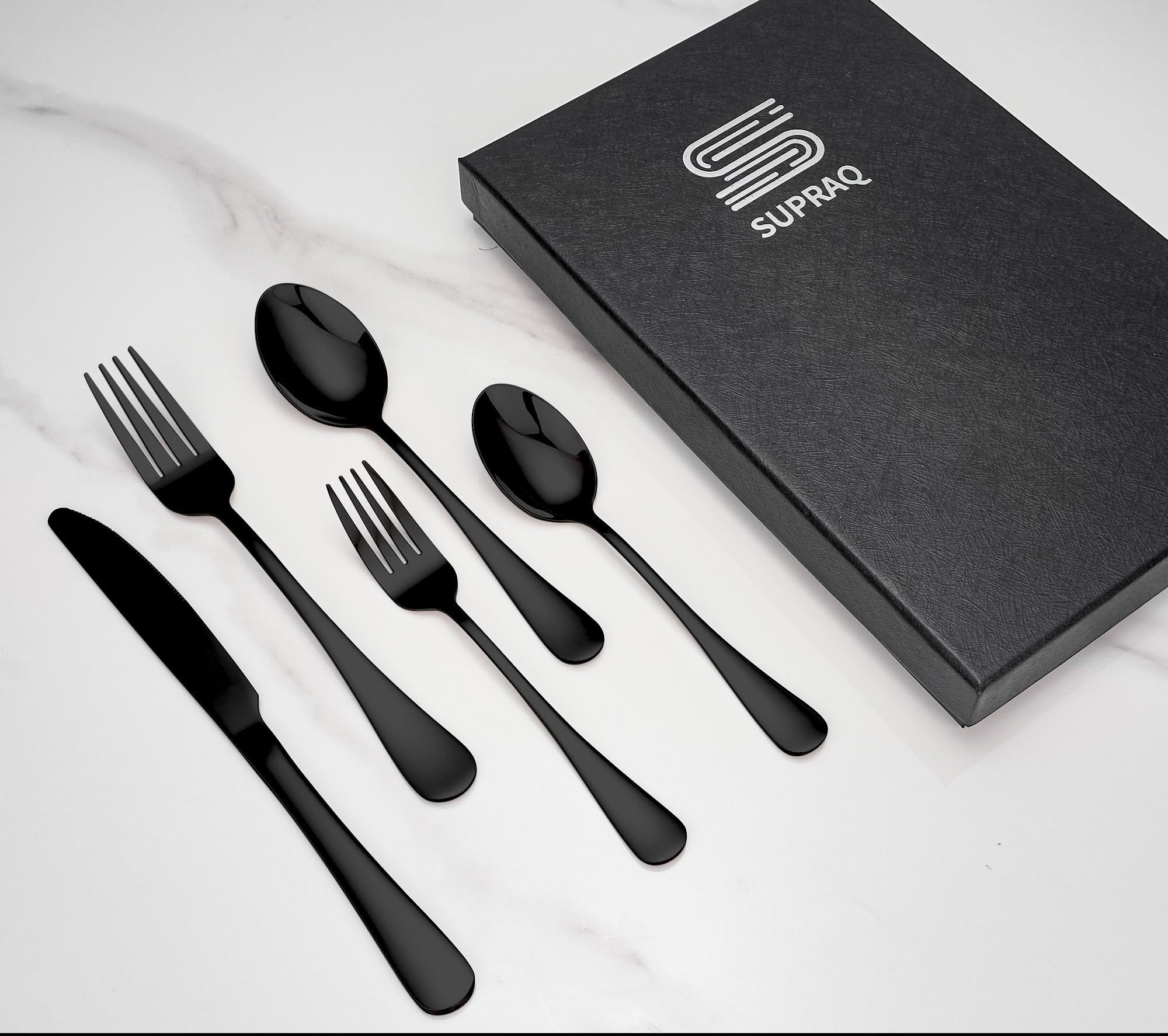 SUPRAQ Kitchen Utensil Stainless Steel Cutlery Set 5 Pieces - 2 Spoons, 2 Forks and 1 Knife (Black)