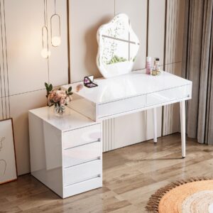 tribesigns white desk with 5 drawers, high gloss white modern home office desk with storage drawers and printer stand, reversible computer desk vanity desk for bedroom, living room