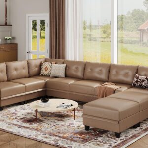 LLappuil Modular Sectional Sofa, Oversized U Shaped Sofa with Storage, Sectional Couch for Living Room, Faux Leather Fabric Waterproof Sofa, 8 Seats with Ottoman, Cognac Brown