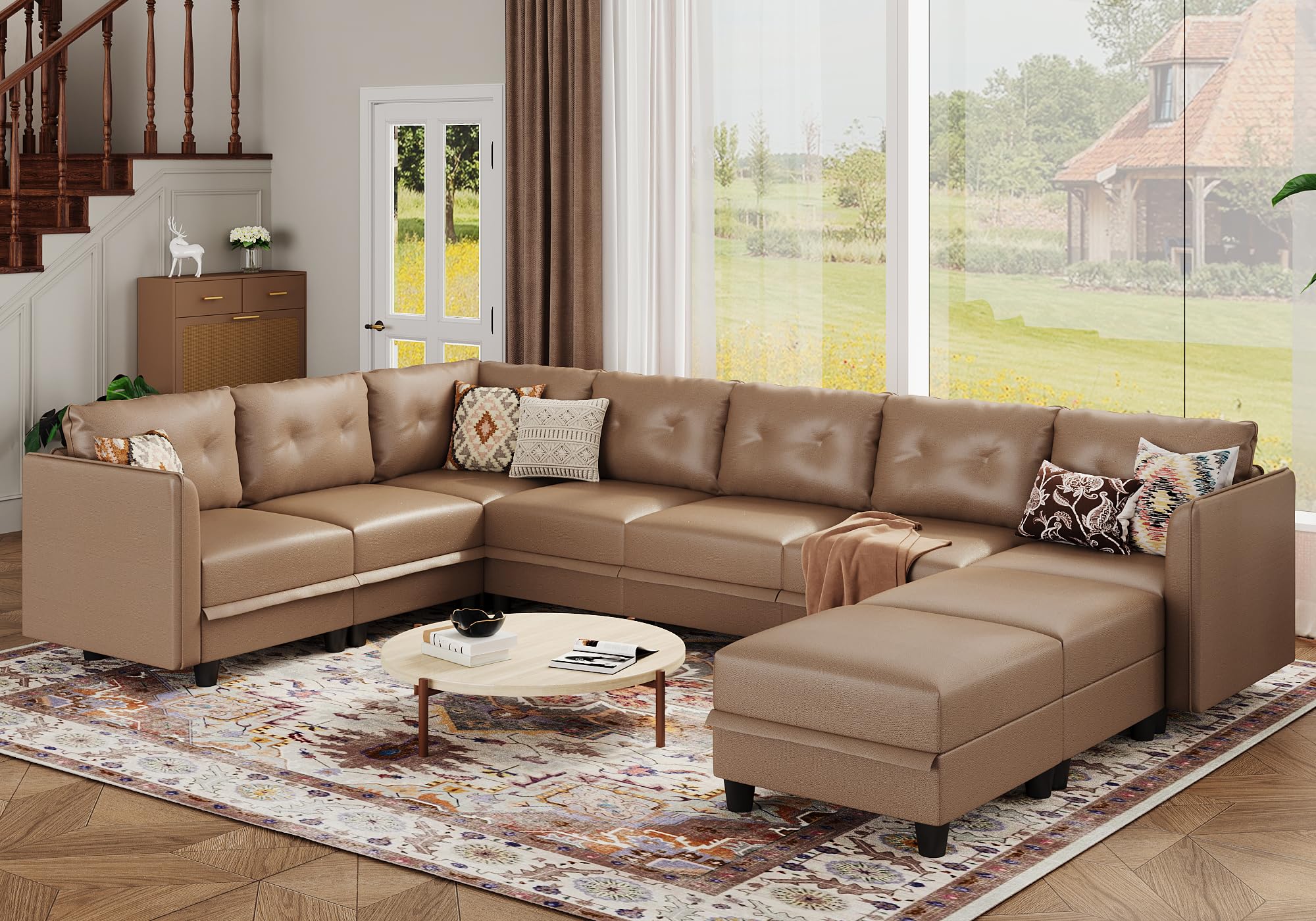 LLappuil Modular Sectional Sofa, Oversized U Shaped Sofa with Storage, Sectional Couch for Living Room, Faux Leather Fabric Waterproof Sofa, 8 Seats with Ottoman, Cognac Brown