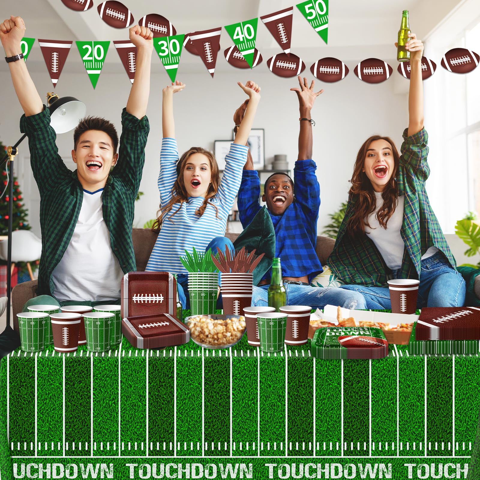 178Pcs Football Party Supplies Includes Dinner Plates, Dessert Plates, Napkins, Cups,Banner and Touchdown Tablecloth for Football Birthday Party Football Gameday Tailgate Party Decorations Serve 25