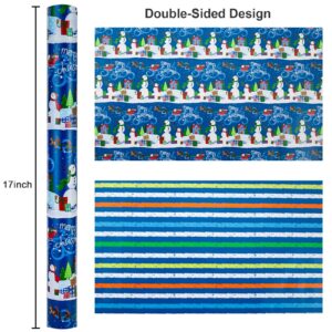 Garbendy Blue Christmas Wrapping Paper Roll - Cute Snowman pattern & Reindeer Printed in Blue Paper & Colorful Stripes in the Back for Christmas, Holiday, Party