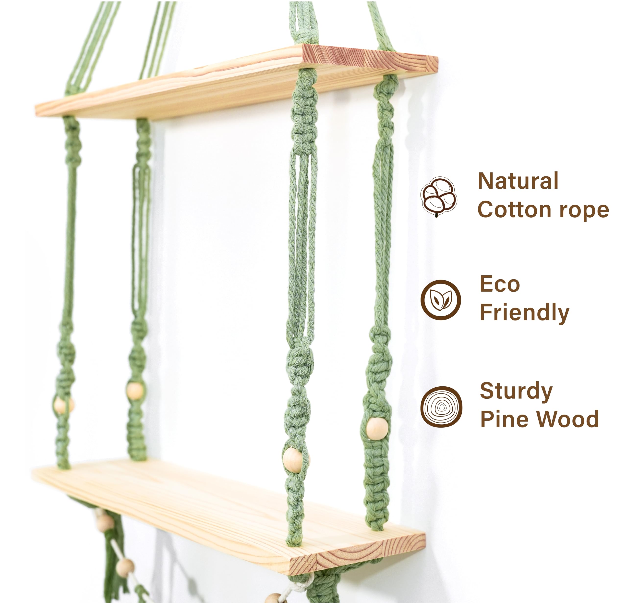 Macrakido - Macrame Wall Hanging 2-Tier Shelf, Boho Floating Wooden Shelves with Green Woven Rope and Leaf Decor,Plant Display for Bedroom, Dorm, Nursery, Living Room, and Bathroom Wall Decor