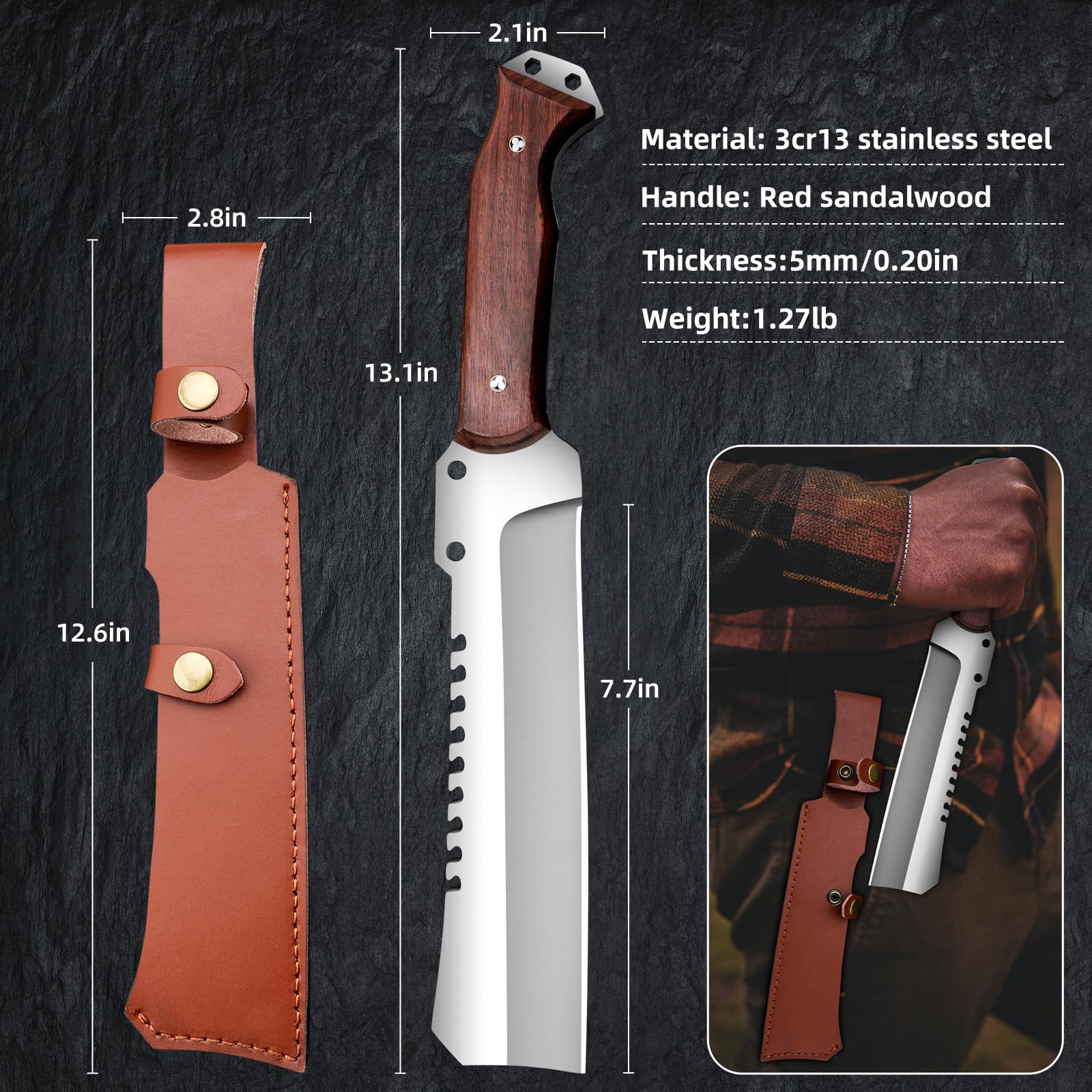 VARLEA Meat Cleaver Heavy Duty Butcher Full Tang Knife with Sheath,Chef's Knives,Vegetable Cleaver Knife Chopper,Machete for Kitchen Outdoor Camping BBQ (7.7)