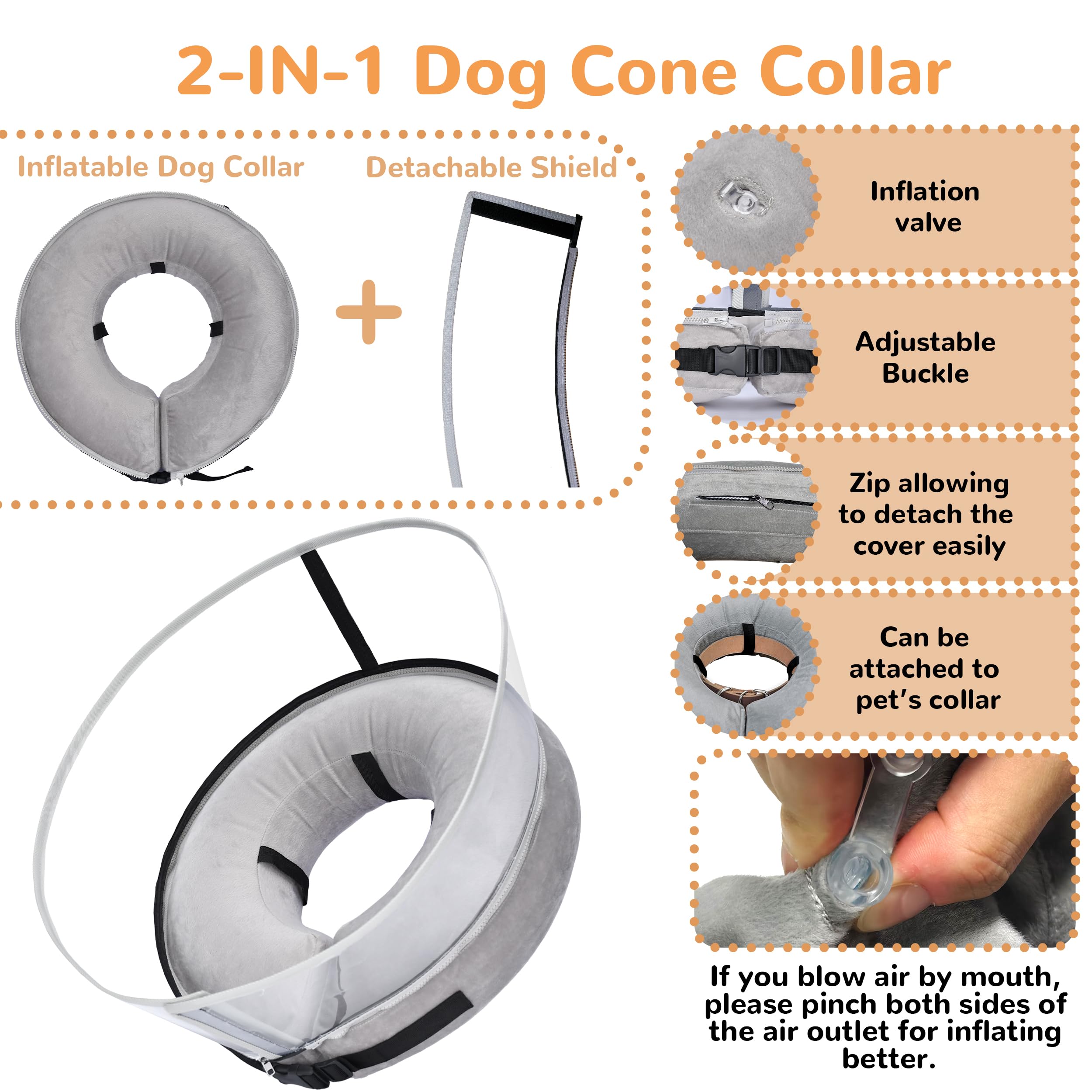 Inflatable Dog Cone Collar Alternative - EzKamfort Soft Dog Cone for Dogs After Surgery, 2-in-1 Dog Recovery Collar with Detachable Shield to Stop Licking, Dog Donut Cone for Small Medium Large Dogs