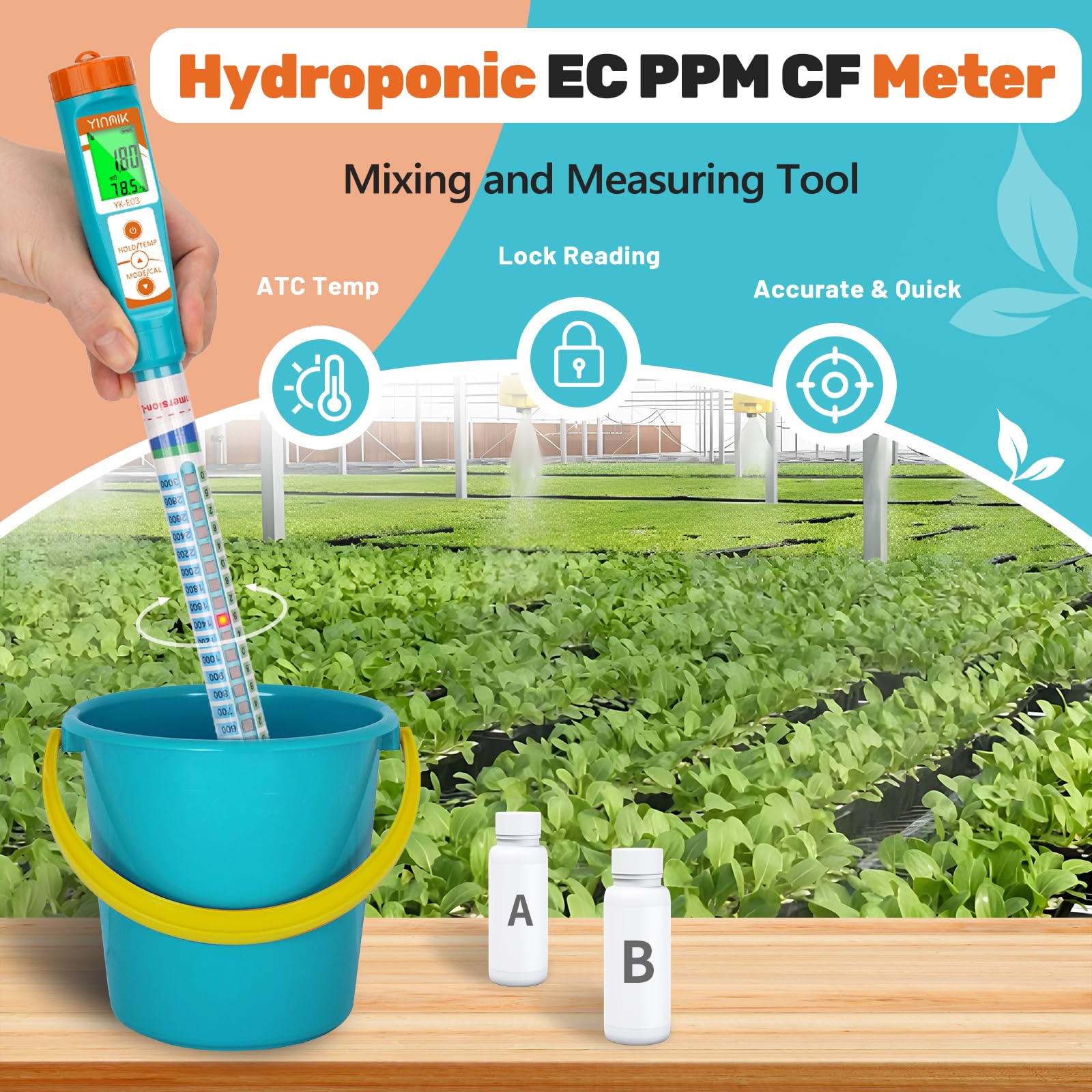 YINMIK Truncheon EC PPM Nutrient Meter for Hydroponic, Conductivity Tester Stick for Hydroponics Growing PPM Measuring Tool (EC, PPM 500, PPM 700, CF, Temp) for Nutrient Reservoir, Aquaponics, DWC