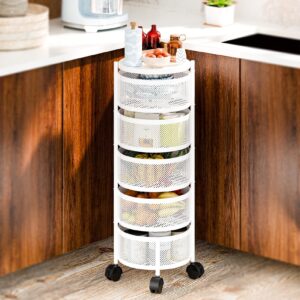 pofluany 3/4/5 Tier Rotating Storage Rack, Fruit Basket for Kitchen, Large Storage Rack with Wheels, Circular Rotating Basket, Fruit and Vegetable Metal Wire Shelf with Top Lid Four Layer