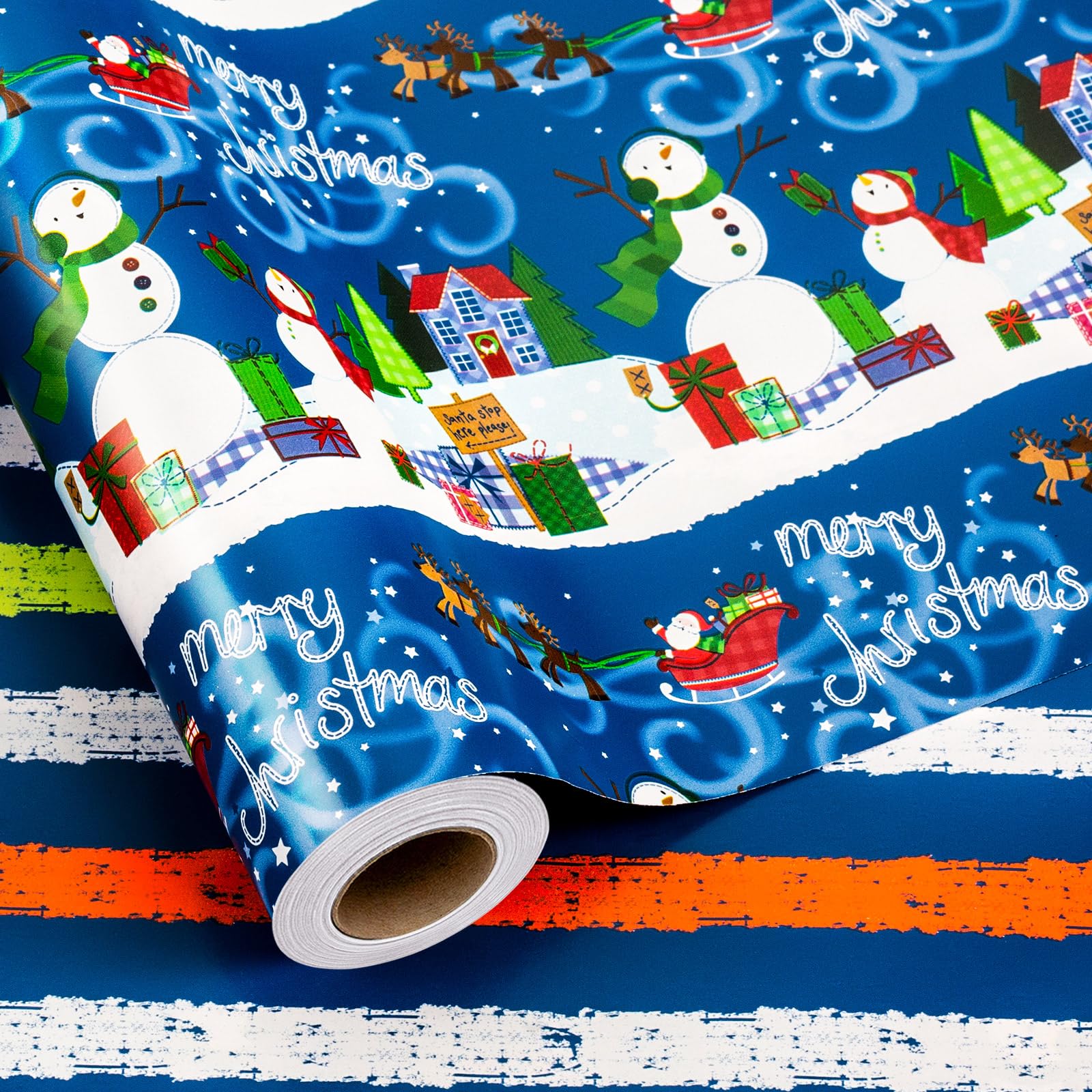 Garbendy Blue Christmas Wrapping Paper Roll - Cute Snowman pattern & Reindeer Printed in Blue Paper & Colorful Stripes in the Back for Christmas, Holiday, Party