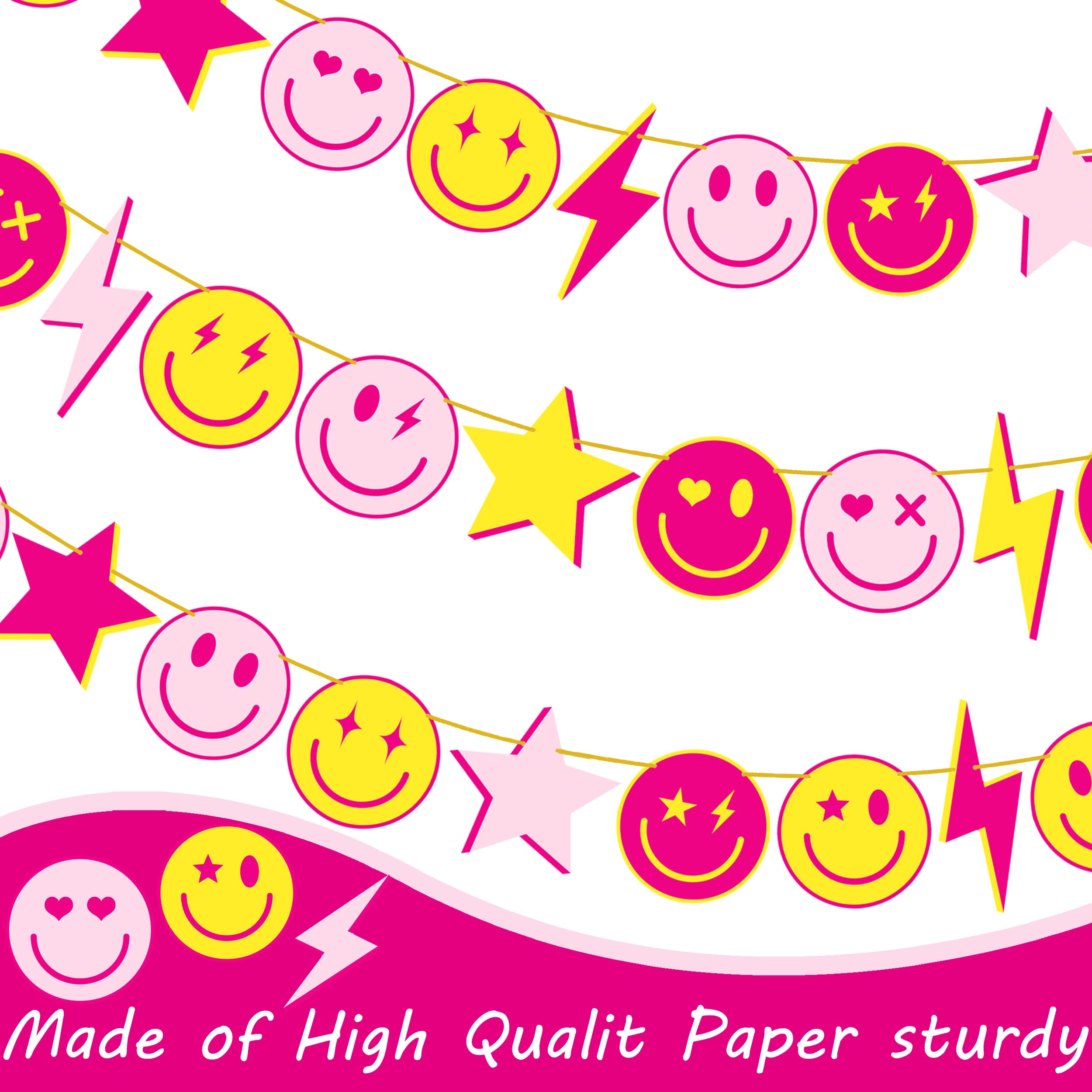 Preppy Party Banners 4Pcs Preppy Smile Face Party Decorations Hot Pink Yellow Smile Face Lightning Star Themed Party Banners for Back to School Party Bachelorette Birthday Party Supplies