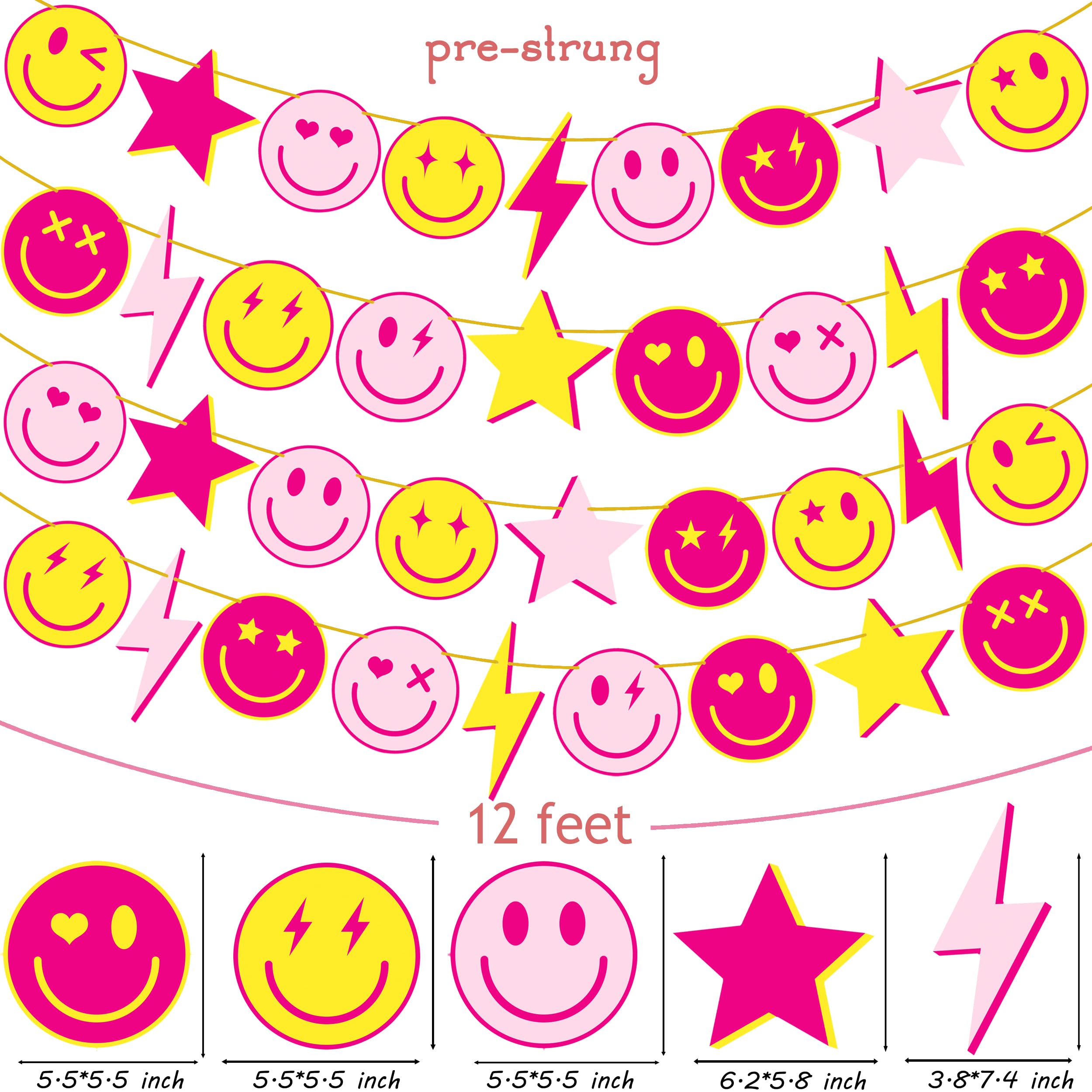 Preppy Party Banners 4Pcs Preppy Smile Face Party Decorations Hot Pink Yellow Smile Face Lightning Star Themed Party Banners for Back to School Party Bachelorette Birthday Party Supplies