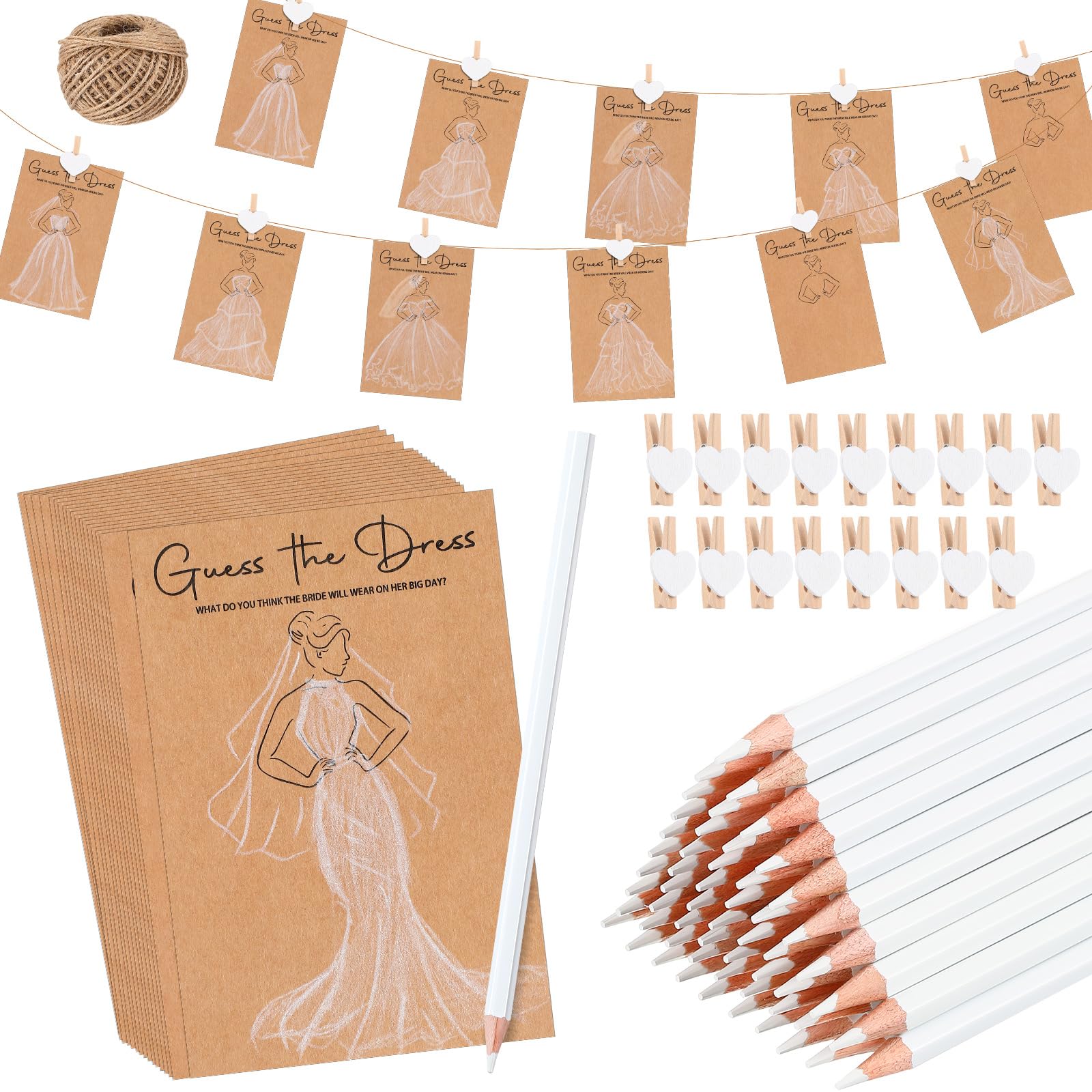 Sinload 30 Sets Guess the Dress Bridal Shower Games for Guests 30 Pcs Wedding Shower Games Cards 30 Water Soluble Pencils 30 Fun Heart Wooden Clip and 1 String Rope Wedding Party Supplies Games Ideas