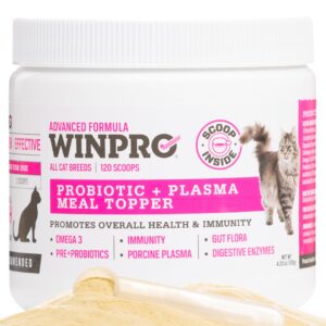 winpro- cat probiotic meal topper, plasma-powdered formula for gut health, seasonal allergy relief, healthy probiotic supplement for cat's, all cat breeds, 120 scoops, made in usa