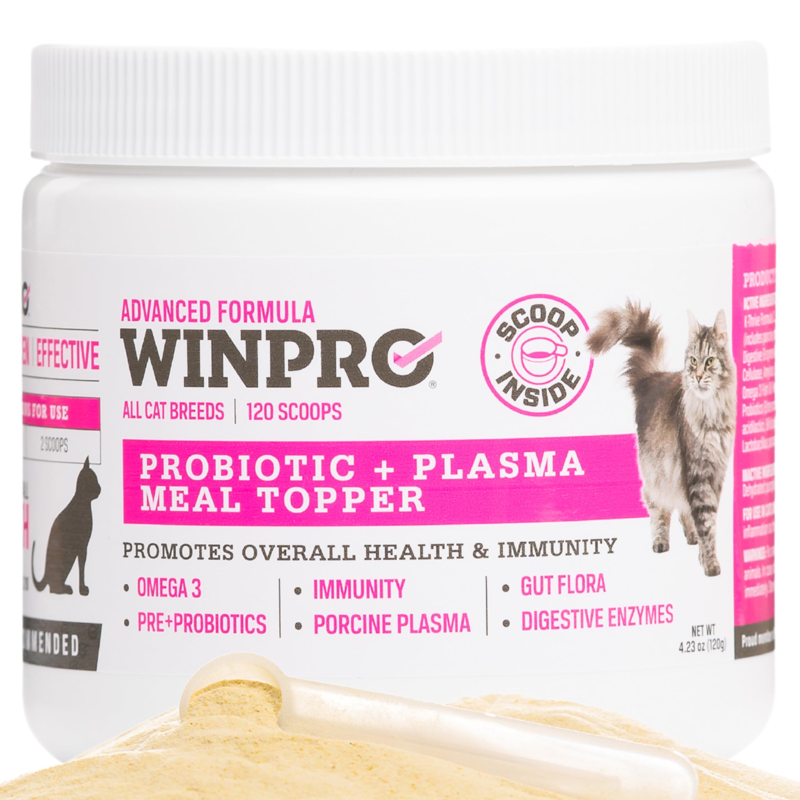 WINPRO- Cat Probiotic Meal Topper, Plasma-Powdered Formula for Gut Health, Seasonal Allergy Relief, Healthy Probiotic Supplement for Cat's, All Cat Breeds, 120 Scoops, Made in USA