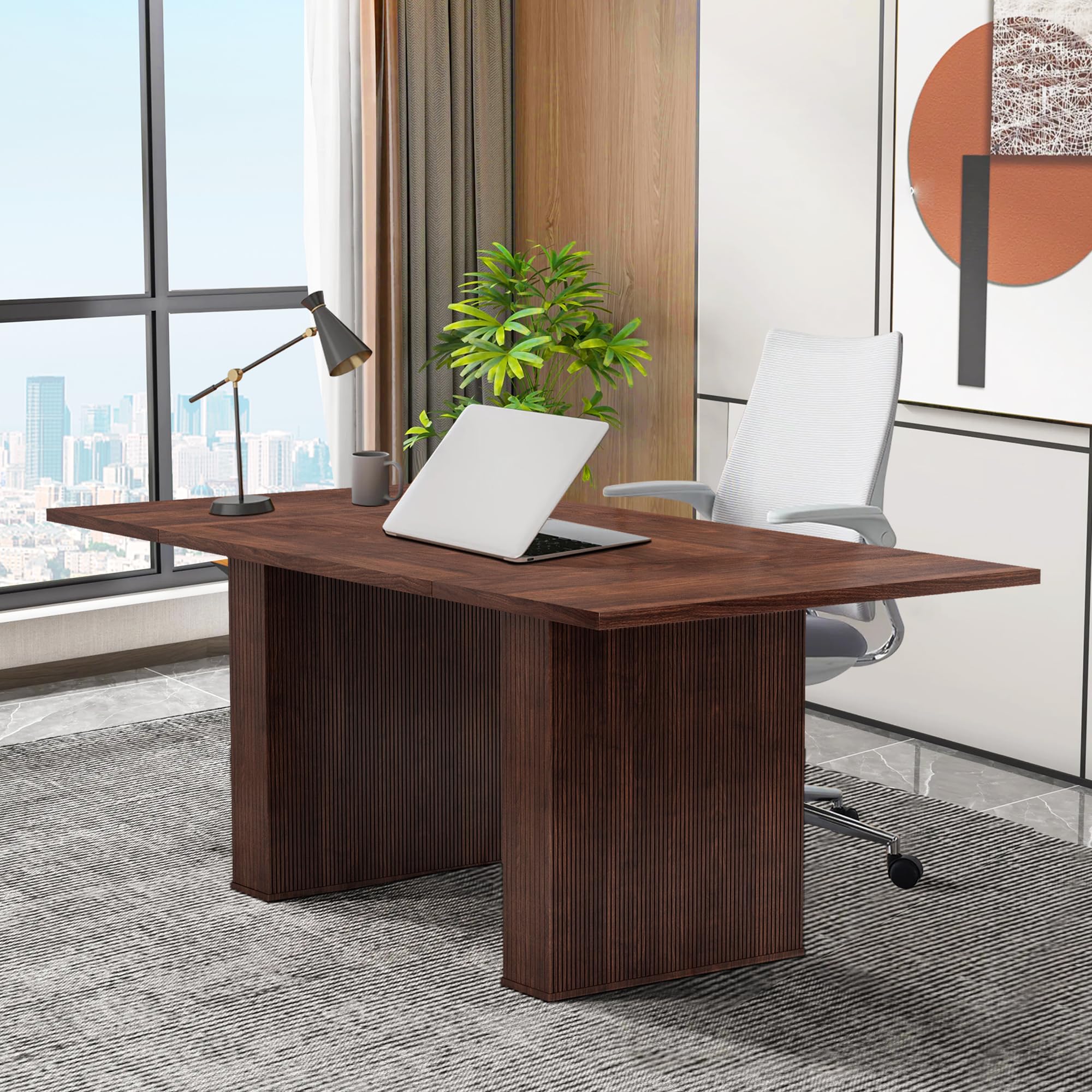 LEVNARY 78 Inch Long Executive Desk, Large Office Desk with Wood Strip Base, Modern Farmhouse Computer Desk Business Furniture for Home Office (Walnut)