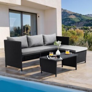 olaterior 3 piece patio furniture set, outdoor sectional sofa, all-weather black pe wicker rattan patio conversation set with cushion & coffee table, modern outdoor couch for lawn porch backyard, grey