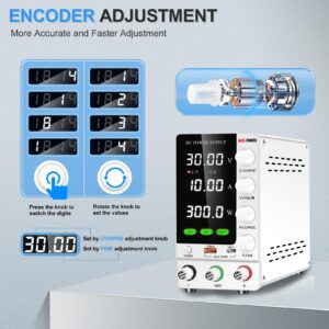 NICE-POWER DC Power Supply Variable 30V 10A, Adjustable Regulated DC Bench Power Supply with Encoder, Output Switch and OCP/OVP, Benchtop Lab Power Supplies with USB-A and Type-C Quick Charge (White)