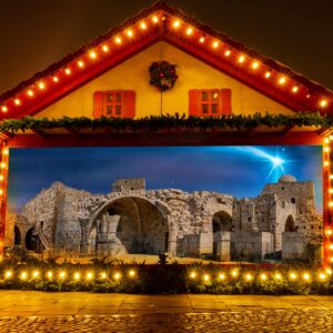 Tingjoo 18 x 6 ft Scene to Bethlehem Backdrop Banner Nativity Christmas Decor Bethlehem Cityscape Scene Fabric Backdrop Christmas Story Scene for Xmas Church VBS Vacation Bible School Supplies