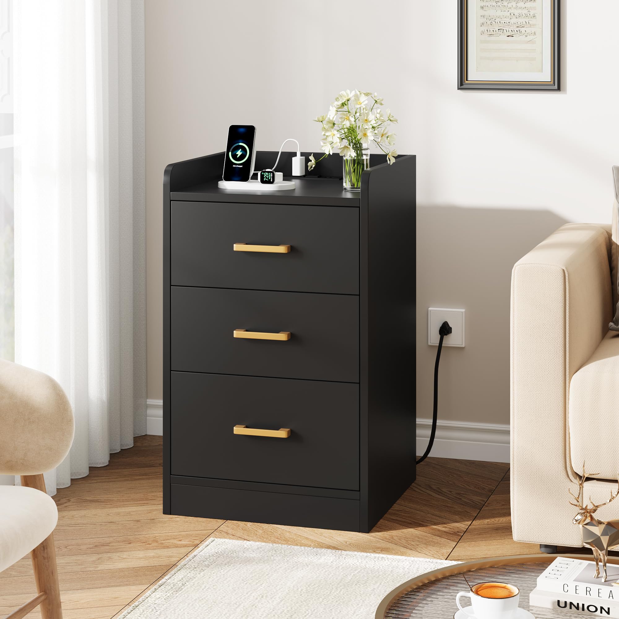 FOTOSOK Nightstands Set of 2 Black Nightstand with Charging Station, 3 Drawer Nightstand with Gold Handles, Black Nightstand for Bedroom, Modern Design End Side Table for Home, Office