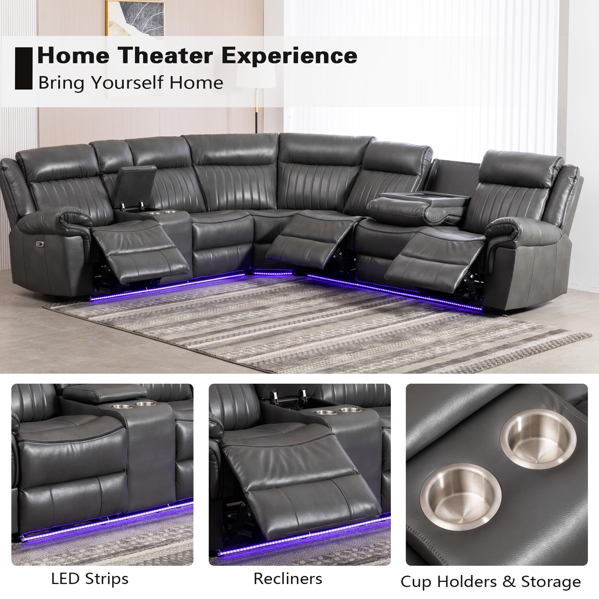 Hybition Power Reclining Sectional Sofa Multi-Functional 6 Seater Sectional Sofa L-Shaped PU Leather L-Shaped Sofa LED Lights Stereo Storage Cup Holders USB -Grey