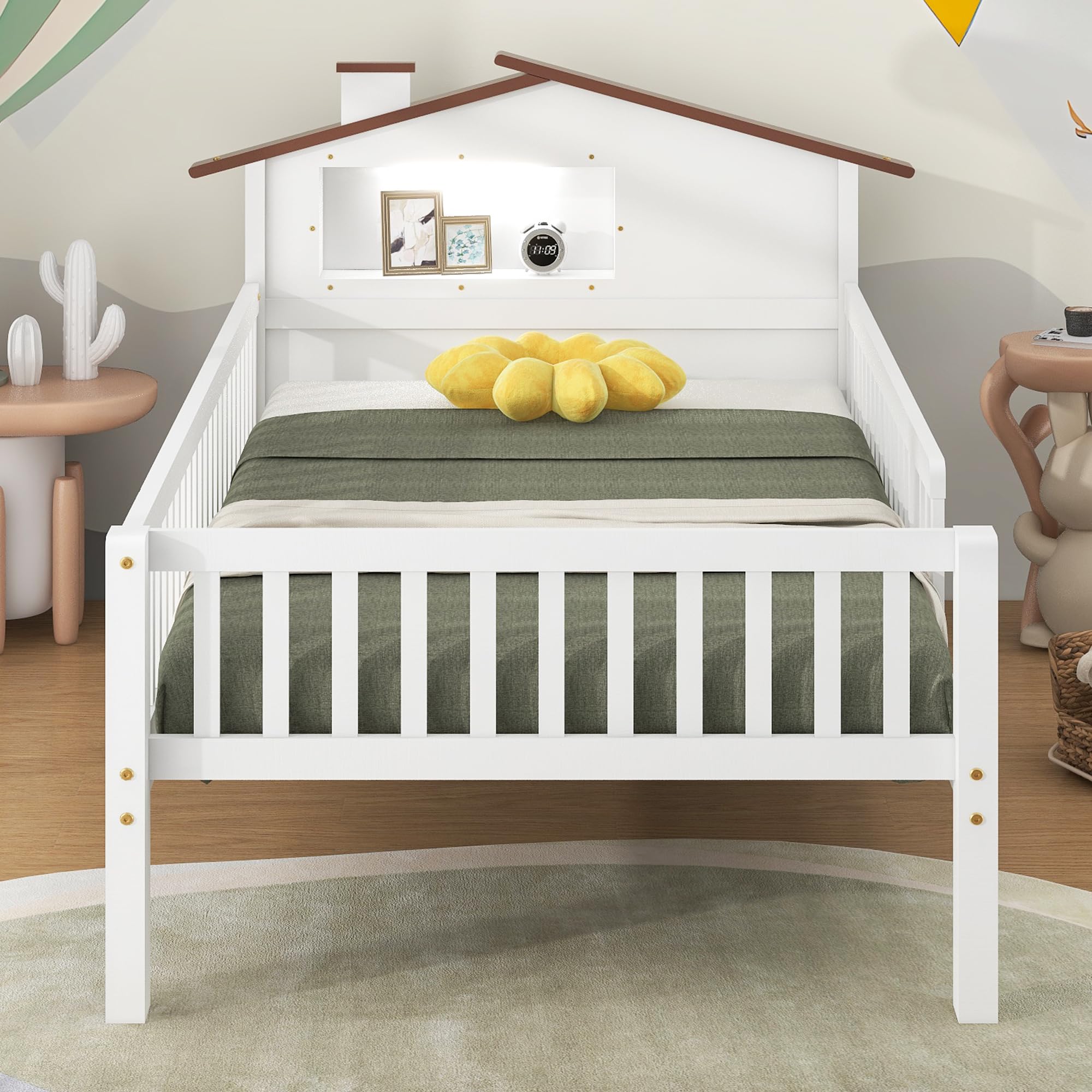 Bellemave Twin Size Montessori Bed for Kids, Twin Size Kids Bed with Fence，Kids Montessori Bed with House-Shaped Headboard and Built-in Storage, White