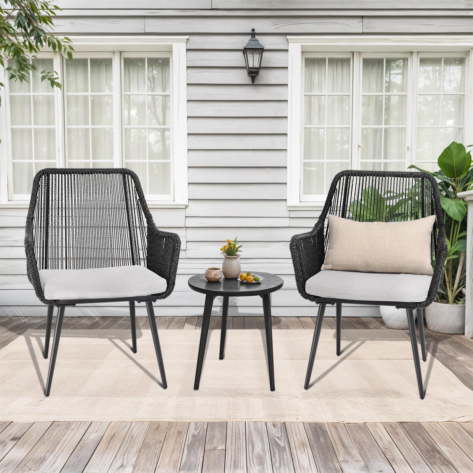 Olaterior Patio Dining Chairs Set of 2, Outdoor Dining Chairs, All-Weather Woven Twisted Wicker Rattan Chair with Armrest and Cushion, Modern Indoor Outdoor Seating for Garden, Lawn, Backyard, Black