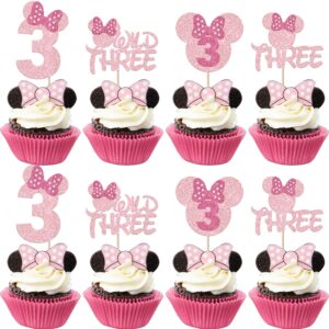 rsstarxi 24 pack mouse 3rd birthday cupcake toppers, pink bow mini third birthday party decorations mouse three cupcake picks for baby shower 3rd birthday party decorations pink