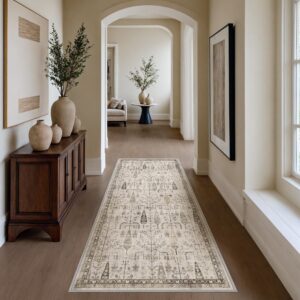 bavni runners for hallways, floral non slip machine washable rug, neutral lightweight low pile kitchen bedroom rugs, thin durable aesthetic farmhouse vintage tree soft wood 2x5 rug