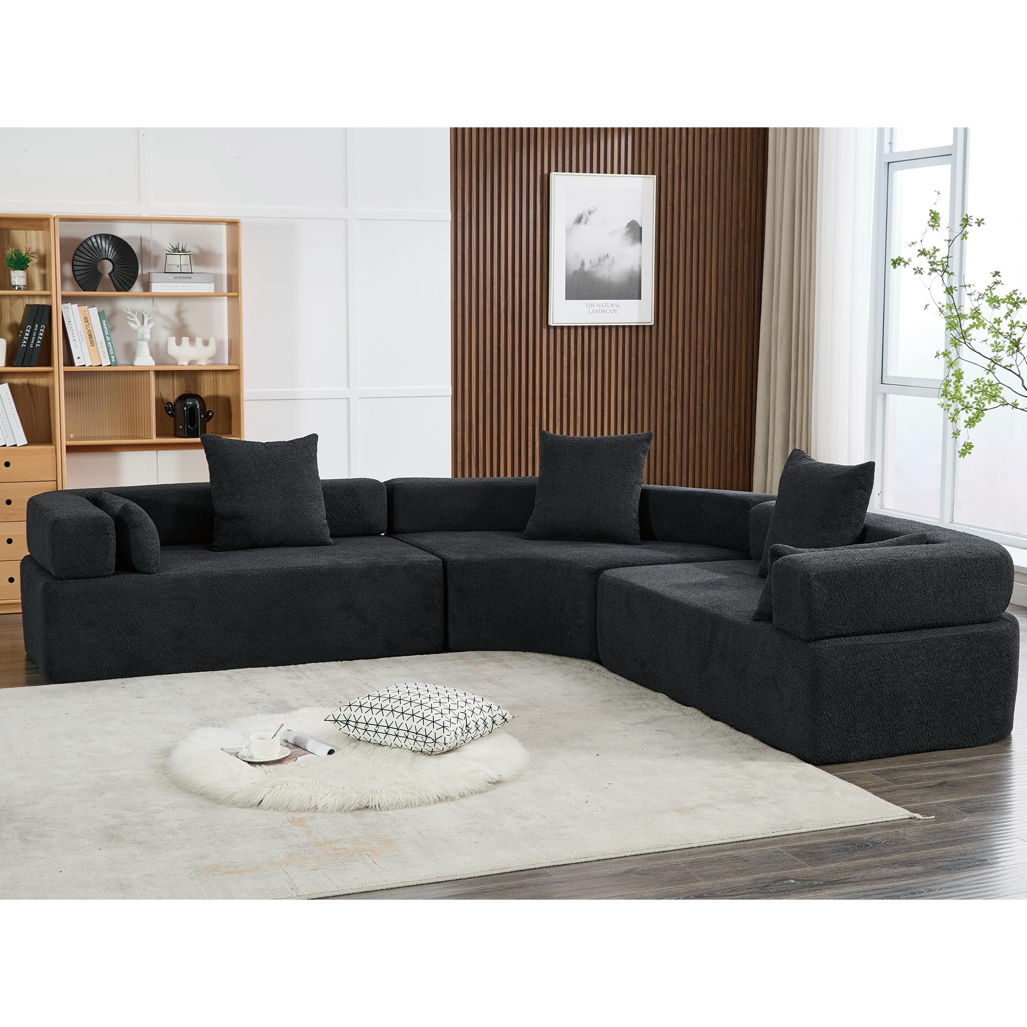 JUSTONE 111" Sectional Sofa for Living Room,Oversized Combination Sofa,Curved Sofa,Semicircular Modular Sofa with 4 Pillows for Home Office,3 Piece Free Combination(Black)