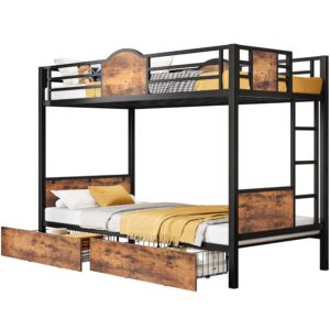 likimio bunk bed twin over twin with ladder and mdf board guardrail, twin bunk beds with 2 storage drawers, space-saving, noise free, black