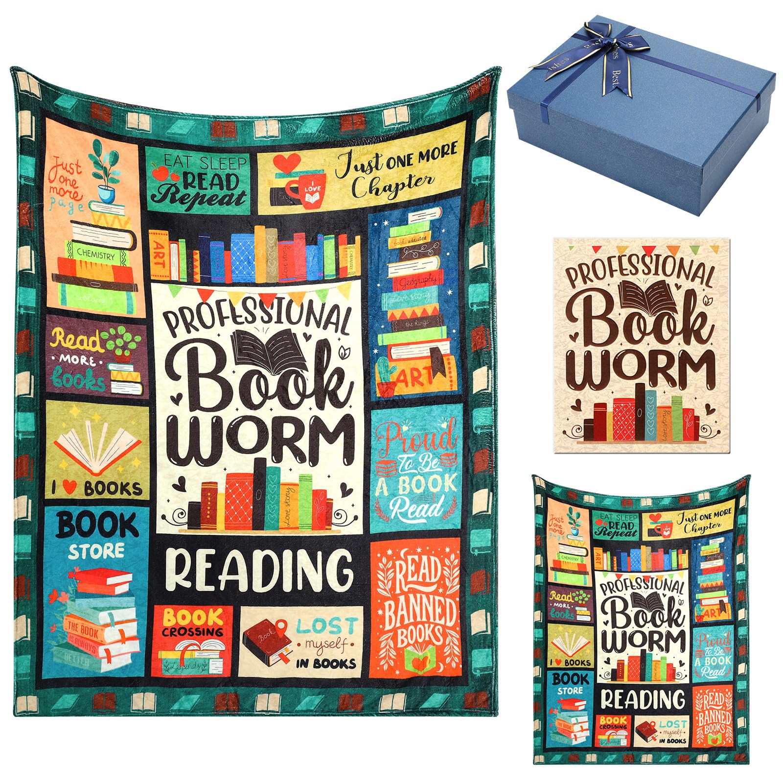 HunnmingRe 3 Pcs Book Lovers Gifts Set, Bookish Gifts for Librarian Readers, Includes 60"x 50" Throw Blankets Greeting Card Box, Book Club Gifts for Women Bookworm on Birthday Christmas