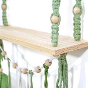 Macrakido - Macrame Wall Hanging 2-Tier Shelf, Boho Floating Wooden Shelves with Green Woven Rope and Leaf Decor,Plant Display for Bedroom, Dorm, Nursery, Living Room, and Bathroom Wall Decor