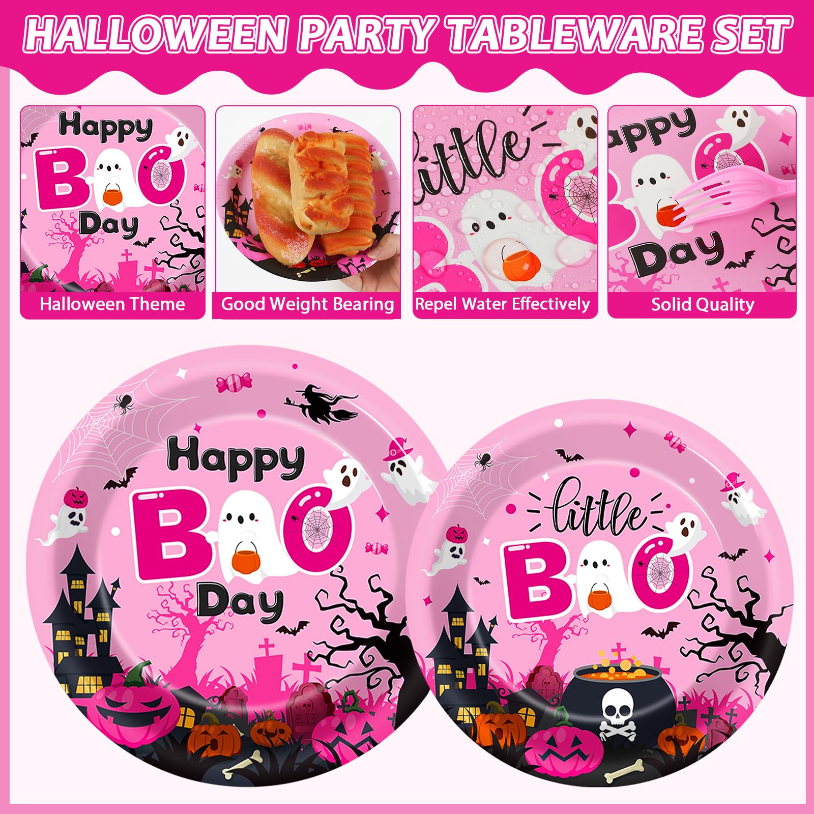 96Pcs Halloween Happy Boo Day Party Supplies Pink Ghost Pumpkin Paper Plates Napkins Ghost Theme Party Decoration Little Boo Ghost Dinnerware Party Favor Baby Shower Birthday Party Tableware Serves 24