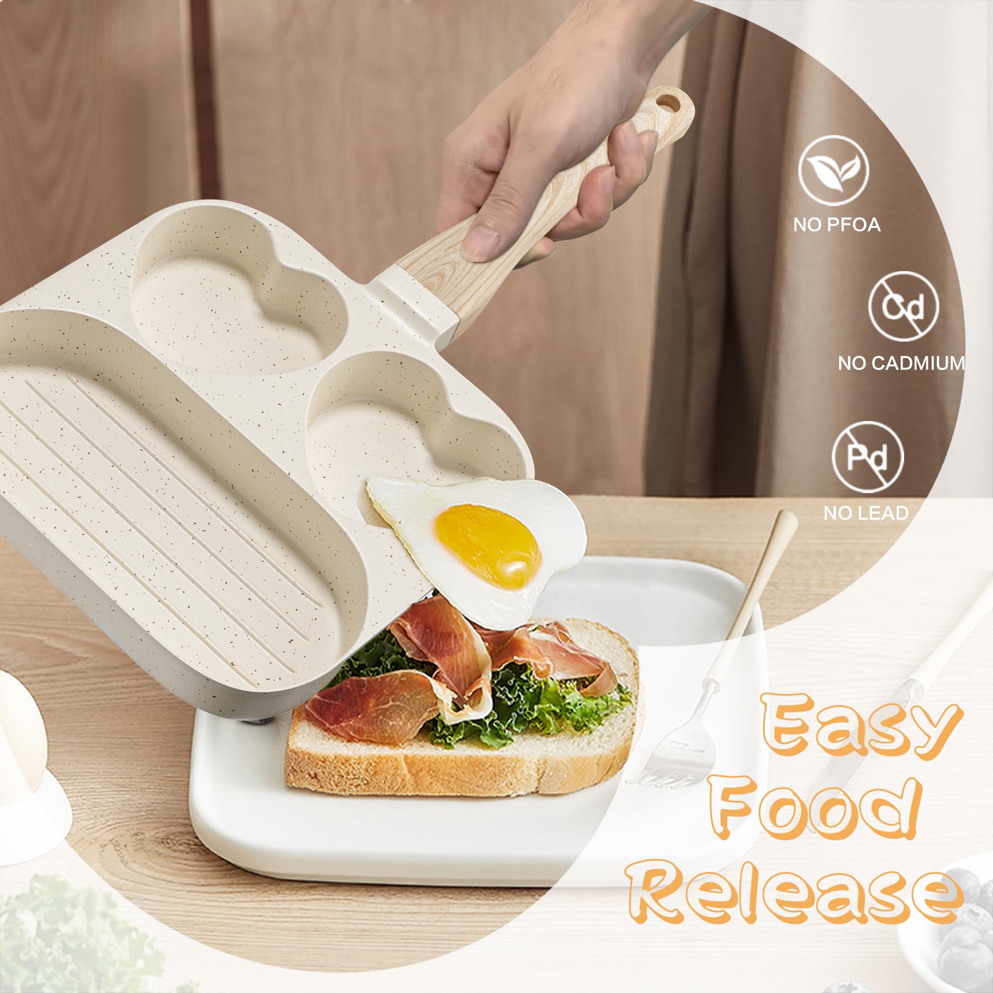 ATCROSS Breakfast Frying Pan, 3-Cup Egg Pan, Nonstick Granite Omelette Skillet, Pancake Pan and Egg Cooker and Grill Pan, Suitable for Gas and Induction Cooktops (Beige)