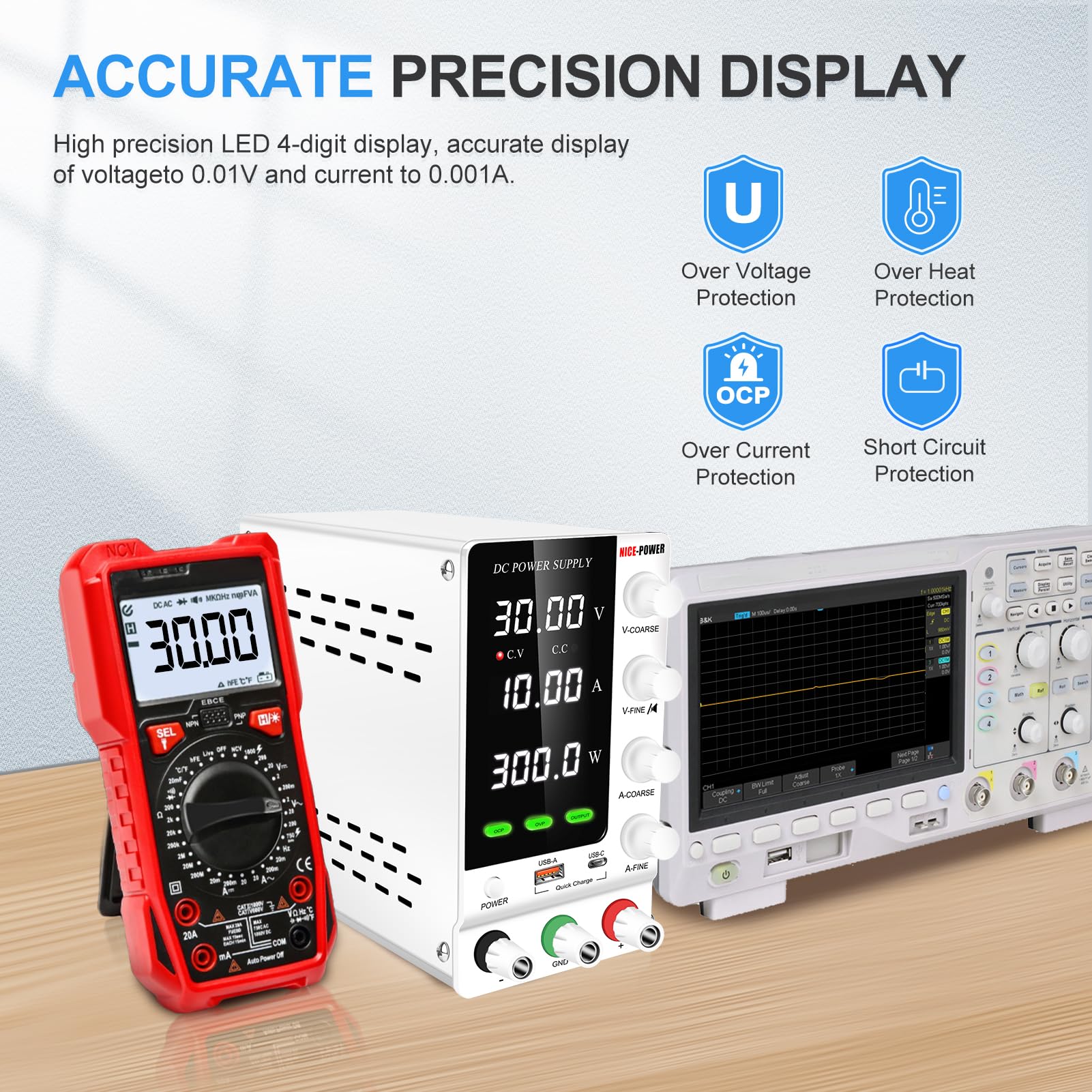 NICE-POWER DC Power Supply Variable 30V 10A, Adjustable Regulated DC Bench Power Supply with Encoder, Output Switch and OCP/OVP, Benchtop Lab Power Supplies with USB-A and Type-C Quick Charge (White)