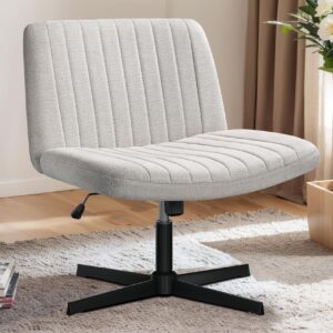 shintenchi criss cross chair, armless cross legged office desk chair with fabric padded seat no wheels, swivel height adjustable mid back wide seat computer task vanity chair for home office, white