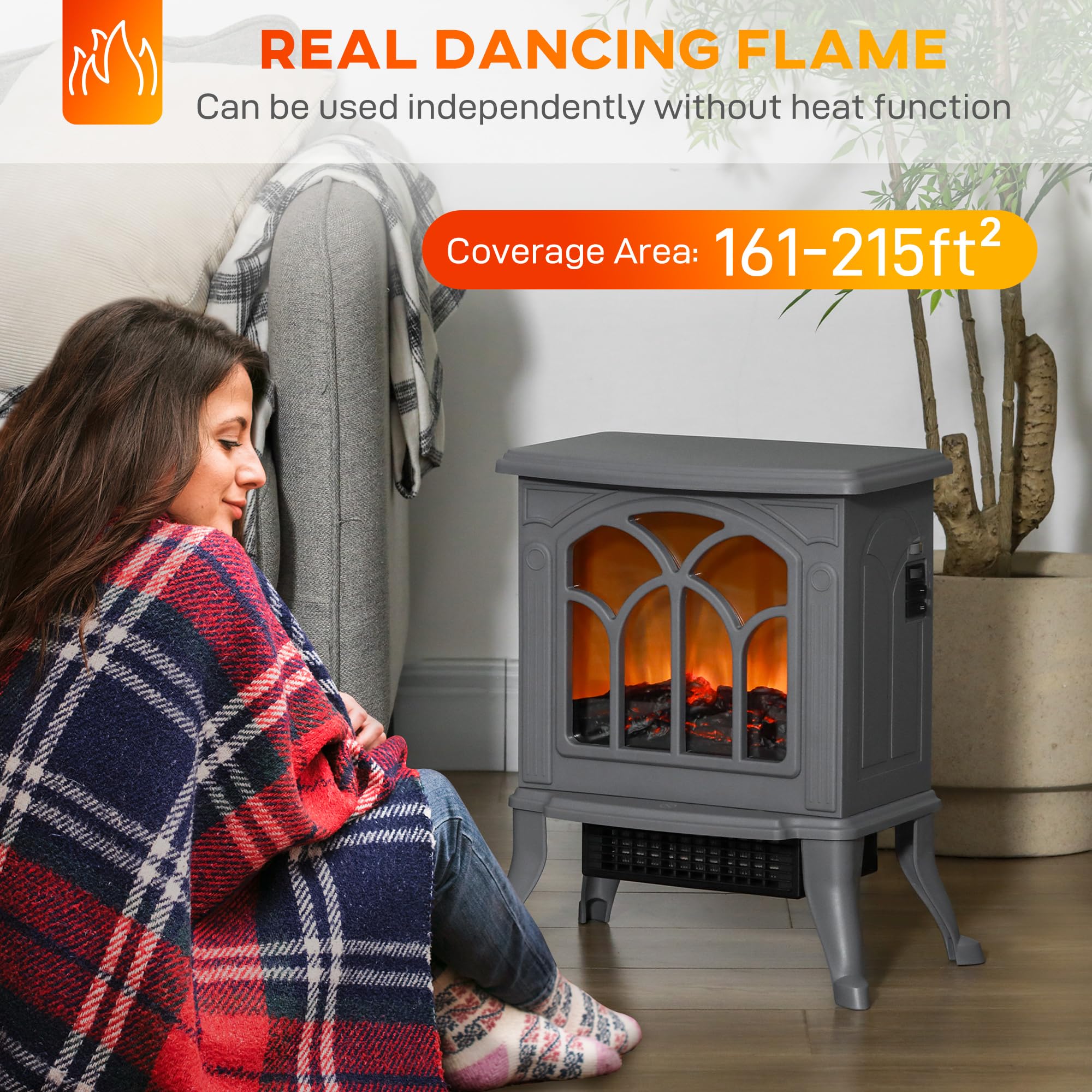 HOMCOM 17" Freestanding Electric Fireplace Stove, Fire Place Heater with Realistic Logs and Flame Effect and Overheat Protection, 750W/1500W, Gray