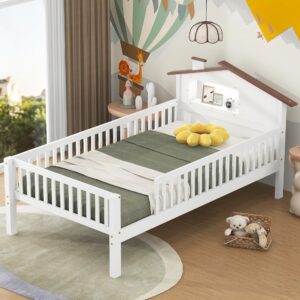 Bellemave Twin Size Montessori Bed for Kids, Twin Size Kids Bed with Fence，Kids Montessori Bed with House-Shaped Headboard and Built-in Storage, White