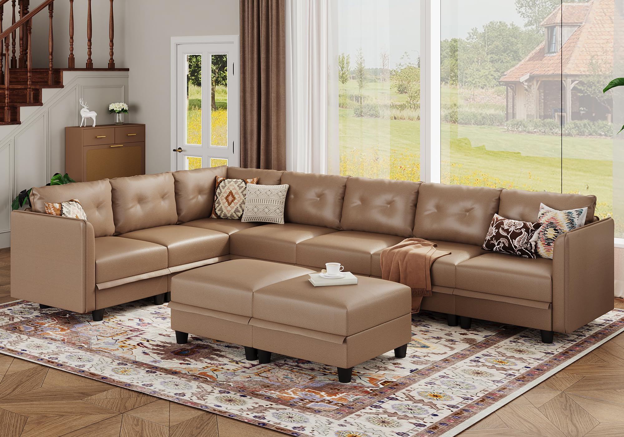 LLappuil Modular Sectional Sofa, Oversized U Shaped Sofa with Storage, Sectional Couch for Living Room, Faux Leather Fabric Waterproof Sofa, 8 Seats with Ottoman, Cognac Brown