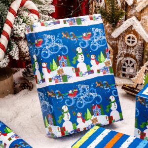 Garbendy Blue Christmas Wrapping Paper Roll - Cute Snowman pattern & Reindeer Printed in Blue Paper & Colorful Stripes in the Back for Christmas, Holiday, Party