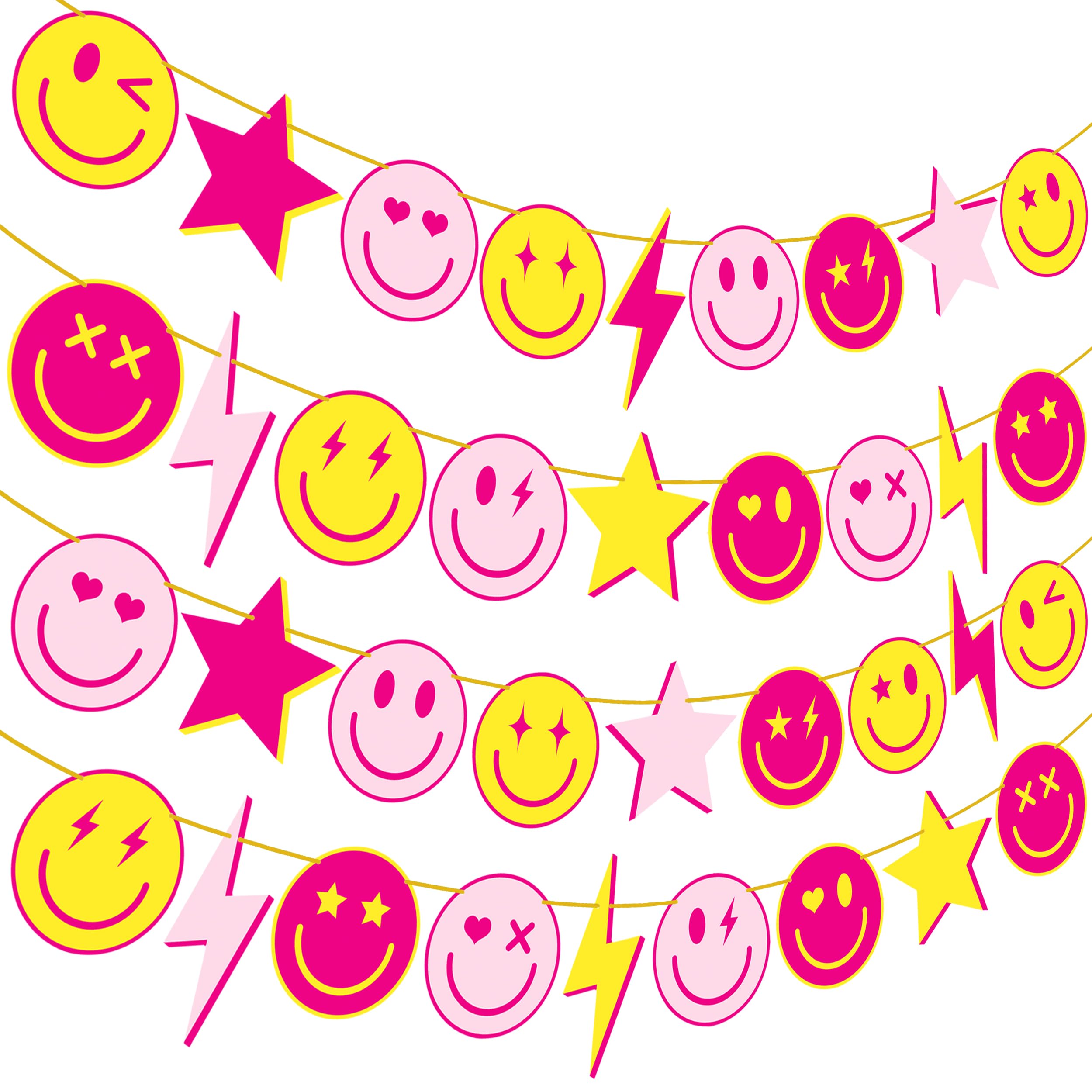 Preppy Party Banners 4Pcs Preppy Smile Face Party Decorations Hot Pink Yellow Smile Face Lightning Star Themed Party Banners for Back to School Party Bachelorette Birthday Party Supplies