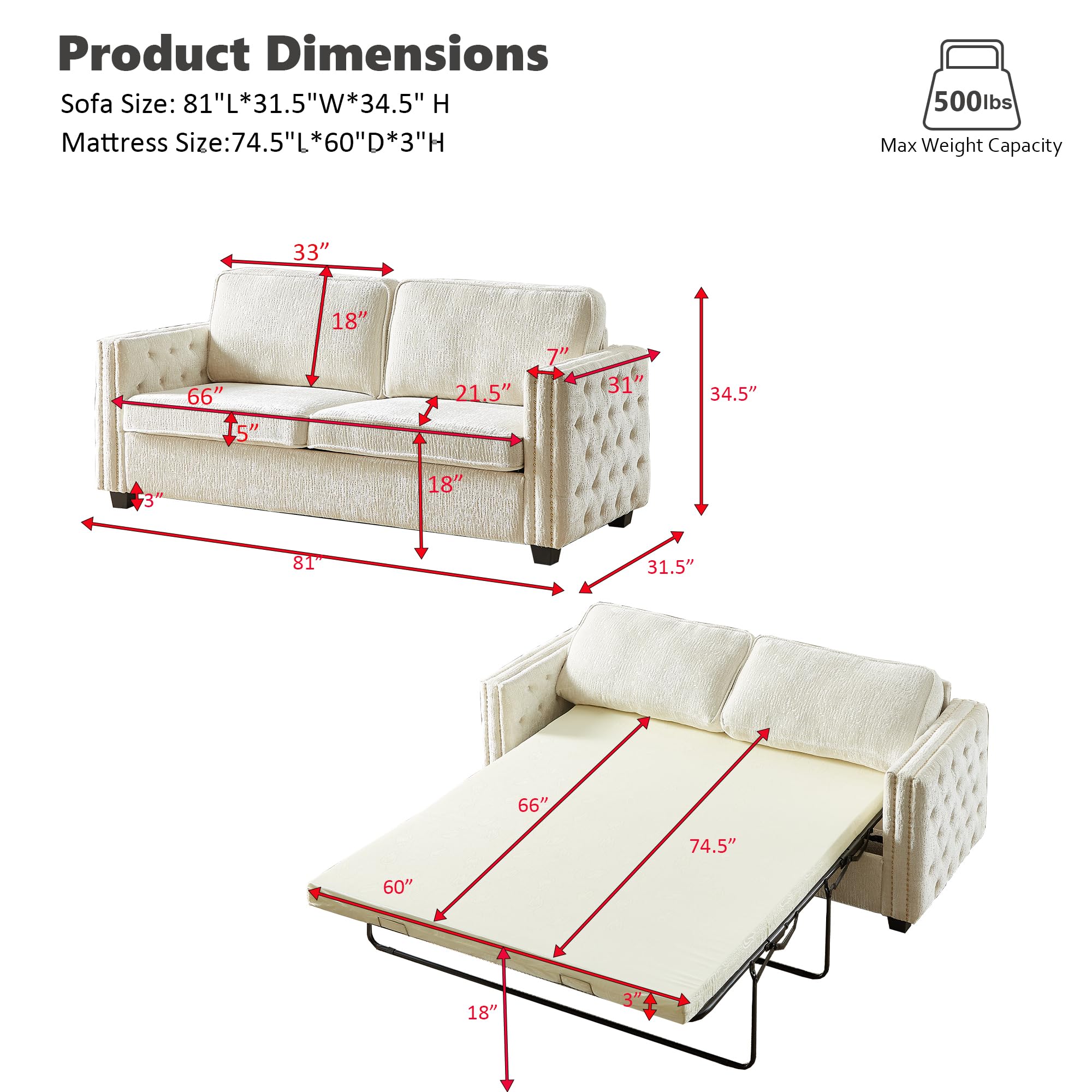 Suheww 2-in-1 Sleeper Sofa with Folding Foam Mattress, 2-in-1 Convertible Pull Out Sofa Bed, Pull Out Sleeper Sofa with Mattress Pull-Out Full Size Sofa Bed for Apartment Beige (Chenille)