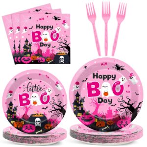 96pcs halloween happy boo day party supplies pink ghost pumpkin paper plates napkins ghost theme party decoration little boo ghost dinnerware party favor baby shower birthday party tableware serves 24