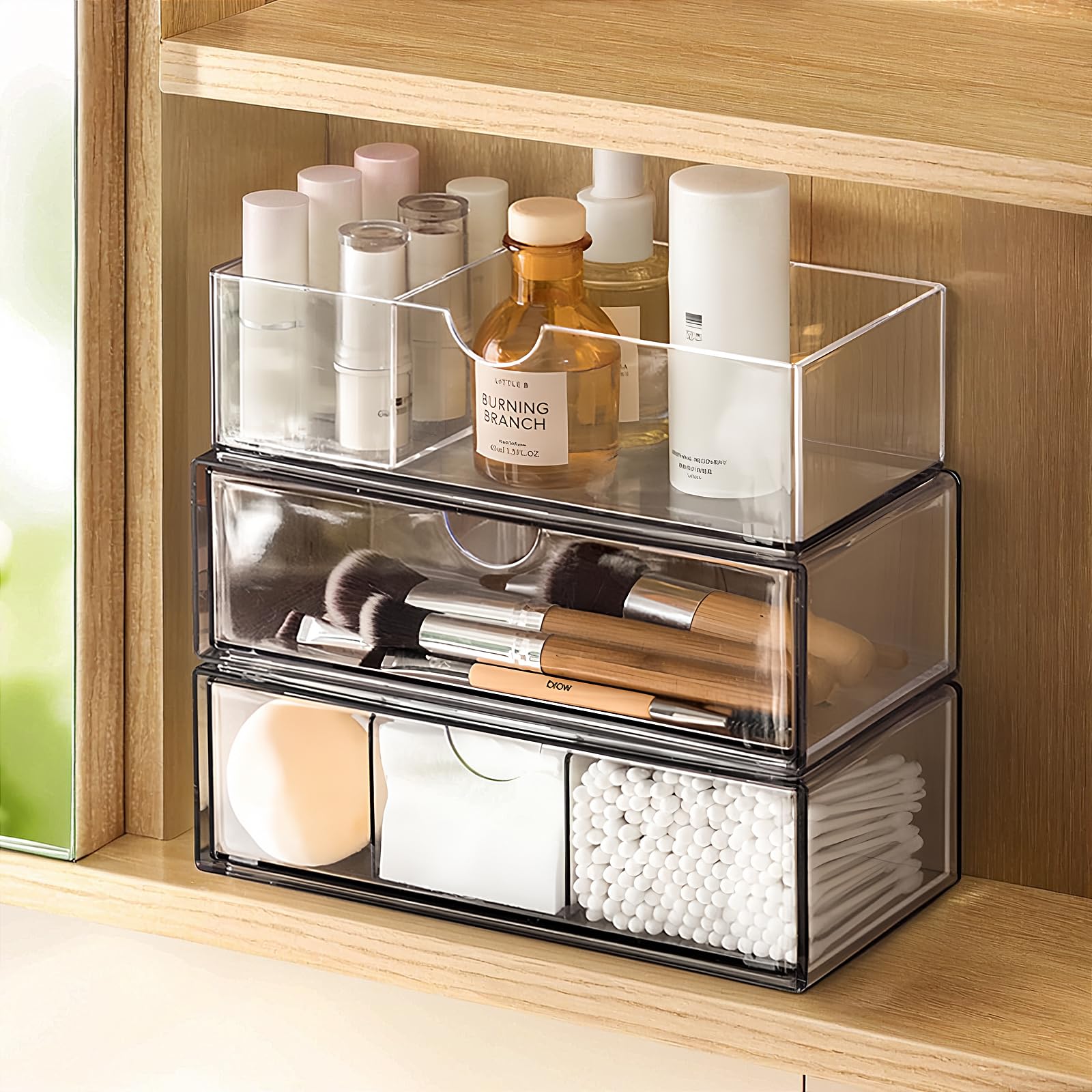 PAVSTINE Medicine Cabinet Organizer 3 Pack, Plastic Stackable Storage with 2 Drawers, Bathroom Mirror Cabinet Organizer with Removable Dividers for Wall Cabinet, Vanity, Countertop, Clear