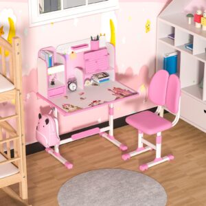 Kids Study Table and Chair Set, 2Pcs/Set Ergonomic Desk Chair with Book Stand, Height Adjustable Children School Study Table Chair Set with Sitting Corrector, Foot Pedal Partition Design (Pink)