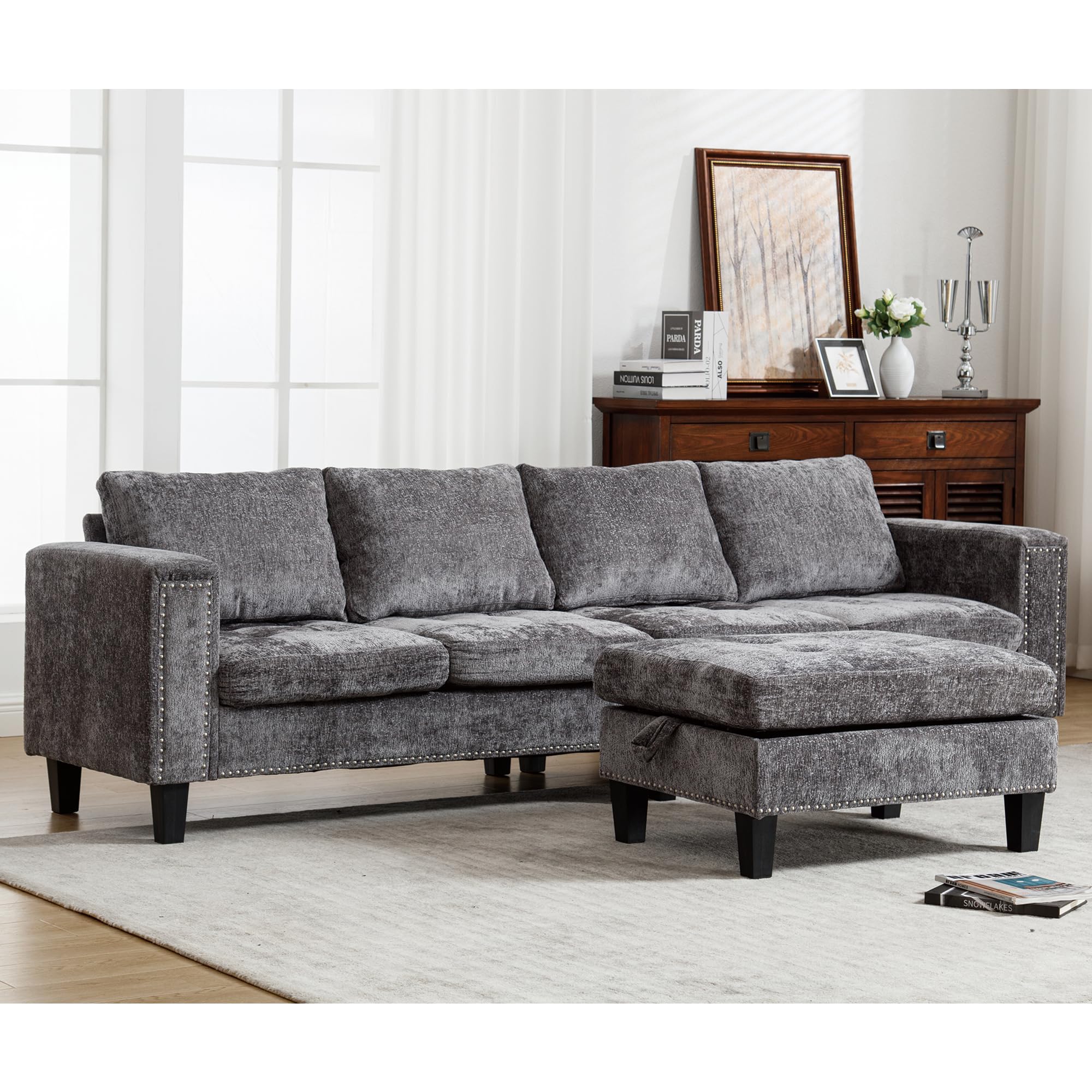 Ball & Cast 104.5" L Shaped Sectional Couch with Storage Ottoman, Chenille Upholstered 5 Seat Modular Sofa with Reversible Chaise for Living Room, Easy Assembly, Gray