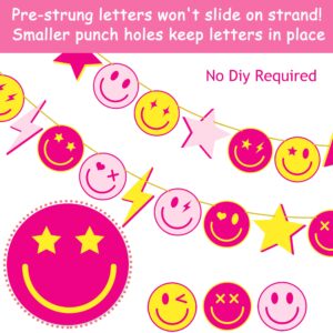 Preppy Party Banners 4Pcs Preppy Smile Face Party Decorations Hot Pink Yellow Smile Face Lightning Star Themed Party Banners for Back to School Party Bachelorette Birthday Party Supplies